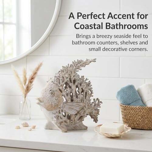 9.84'' Ocean Coral Fish Sculpture - Resin Coastal Fish Figurine with Coral Backdrop, Ocean Blue & Sandy Beige Finish - Nautical Tabletop Accent for Living Room, Beach House & Bathroom Decor - color: Antique White, size: Large