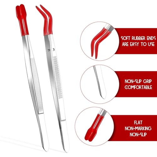 2 Pcs Rubber Long Tweezers For Crafts Tweezers Tipped Coated Precision Tweezer Hobby Craft Set Long Bent And Straight Flat Tip For Stamp Coins