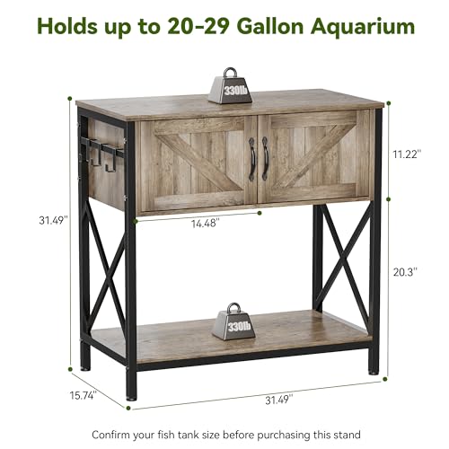 Petrova 20-29 Gallon Fish Tank Stand, Metal Double Aquarium Stand with Storage Cabinet, Heavy Duty 31.5" L* 16.54" W Tabletop, 330LBS Capacity, Rustic Brown