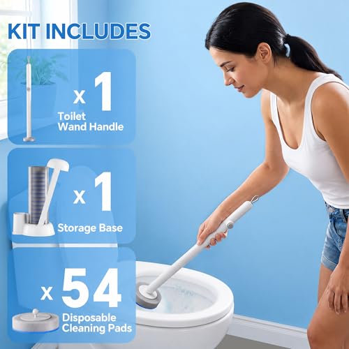 Spreezy Disposable Toilet Brush Set, Touch-Free Toilet Wand Kit with 54 Refills & Holder, Disposable Toilet Bowl Brush