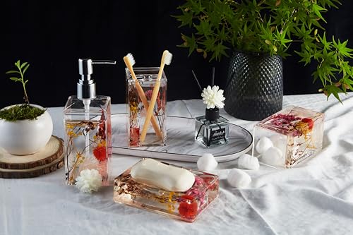 Locco Decor Bathroom Vanity Accessory Set Acrylic Liquid 3D Floating Motion Toothbrush Holder, Tumbler, Soap Dispenser, Soap Dish, Toilet brush, 5-Piece Accessory Set Garden Botanic Pink Plants - size: 5-piece, style: Pink Plant