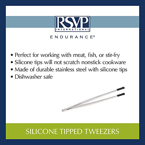 RSVP International Endurance Silicone Tipped Kitchen Tweezers Food Safe, Durable Stainless Steel, Heat Safe up to 475 Degrees F, 12" Length