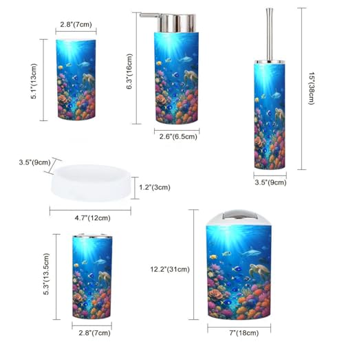 Bathroom Accessory Set 6 Piece Underwater Scene Coral Reef Tropical Fish Toothbrush Holder, Toothbrush Cup, Soap Dispenser, Soap Dish, Toilet Brush Holder, Trash can