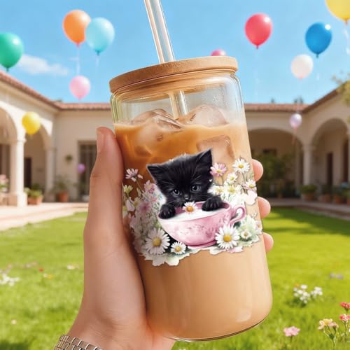 32 Pcs Black Cat UV DTF Cup Wraps for 16OZ Glass, Kitten Theme UV DTF Transfer Stickers Decals Pet Animals Waterproof Rub on Transfer Stickers for Glass Bottle Vase Furniture Crafts - style: Black Cat