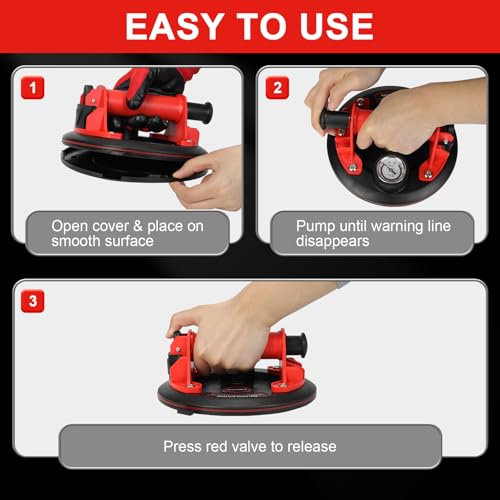 DEWINNER 8" Glass Suction Cups with Pressure Gauge - 662 lbs Load Capacity - Industrial Vacuum Lifter for Large Glass, Tile, Granite, Windows, and Windshields - Includes Carrying Case - 2 Pack - color: Red With Pressure Gauge