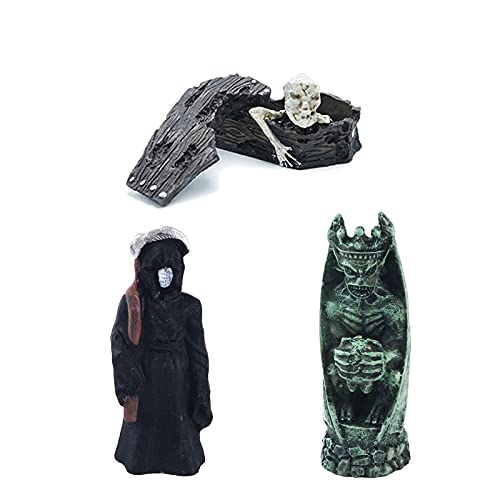 Skull Aquarium Fish Tank Decorations Decor (Set of 3) Devil Death Mummy Statue Sculpture Reptile Turtle Lizard Spider Tanks Terrarium Décor Ornament Pet - color: Skull & Devil