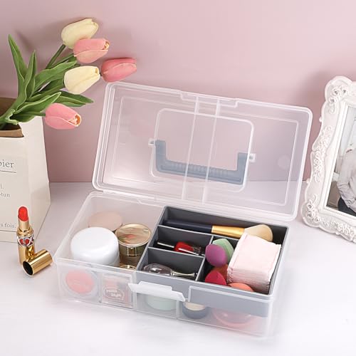 JUXYES Plastic Carry Storage Box with Removable Dividers, Clear Art Craft Supply Storage Bin Sewing Box With Handle Lid, 2 Layers Stationery Storage Case for School/Office Supplies - color: Gray