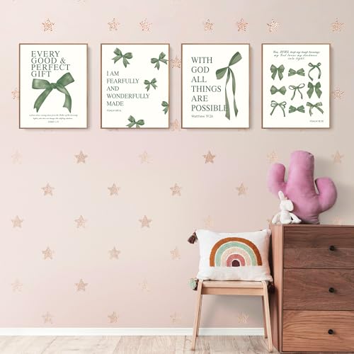 LARTSFRO Coquette Green Bow Wall Art Decor Posters, Olive Green Bow Christian Room Bedroom Bathroom Dorm Wall Art Decor Aesthetic for College Teen Girls Gifts, Inspirational Bible Verses Bow Wall Decor, 10x8 Inch Set of 4 Pcs Bow Pictures (UNFRAMED) - col