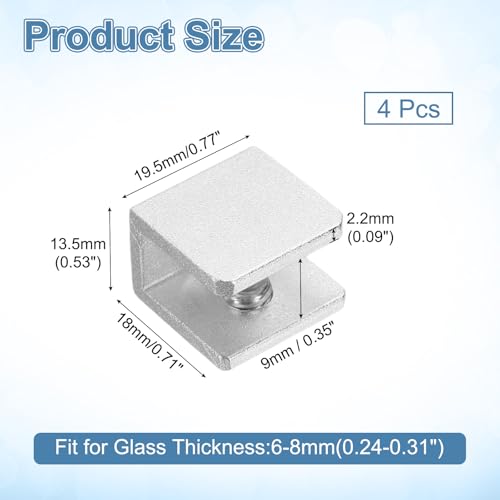 uxcell 4Pcs Glass Shelf Brackets, for 6-8mm Square Shape Glass Combination Fixing Mirror Bracket, Aluminum Alloy Clip Clamp with Screws for Glass/Wood Display Cabinet, Silver Tone - color: Silver Tone, size: 6-8mm