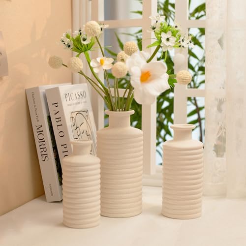Ceramic Vase Set, Cream White Vases Home Decor, Boho Rustic Farmhouse Vase for Pampas Grass Fresh Flowers, Modern Vases for Living Room, Bedroom, Bathroom, Entryway, Dresser Table Decor - color: White