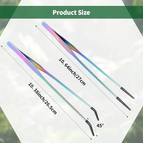 2 Pack Stainless Steel Reptile Feeding Tongs with Rubber Tip, 10.6" Straight & Curved Tweezers, for Aquarium or Craft, Planted Tank, Terrarium Tank, Feeder for Beard Dragons, Lizard and Snakes - color: 10.6"Colorful