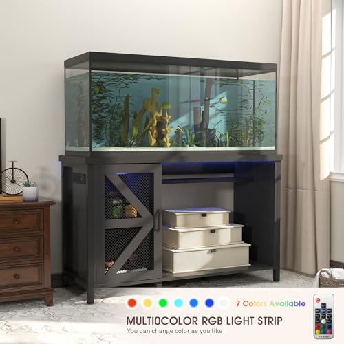 OC Orange-Casual 55-75 Gallon Aquarium Stand with LED Lighting & Power Outlets - Heavy Duty Metal Fish Tank Cabinet with Adjustable Shelves, 1000LB Capacity, Black