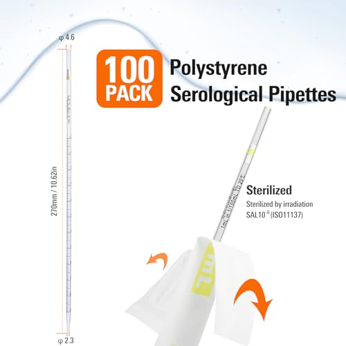 PEKYBIO Polystyrene Serological Pipettes Individually Wrapped Sterile Plastic Graduated Pipette 1ml, Pack of 100 - size: 1ML