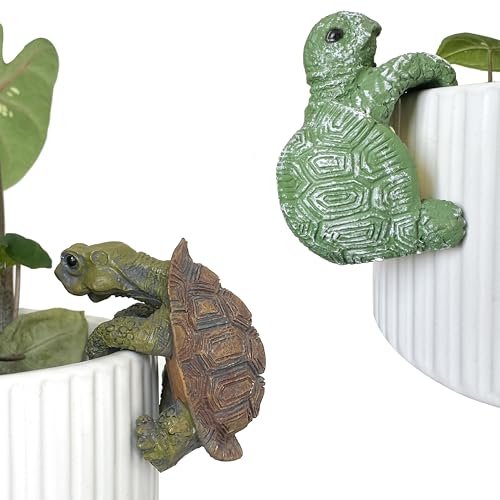 2pcs Resin Turtle Figurines for Pot Edge and Aquarium Decor, Realistic Climbing Green and Brown Decorative Turtles