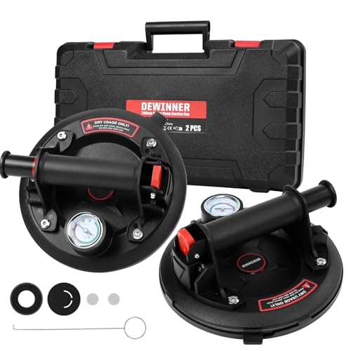DEWINNER 2-Pack 8" Glass Suction Cups with Pressure Gauge - Heavy Duty Handheld Glass Lifter with 660 lbs Load Capacity for Tile Marble, Industrial Strength Vacuum Suction Cup Lifter - color: Black With Pressure Gauge