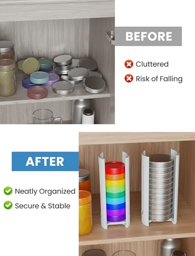 NiHome 2-Pack 3D Printed Plastic Mason Jar Lid Organizer Rack, Adjustable Size Holder for Regular & Wide Mouth Lids, Vertical Storage Stand for Cabinet Kitchen Countertop & Pantry Organization (White)