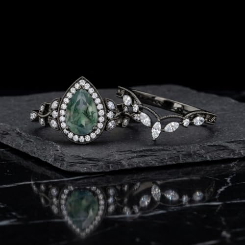 Natural Moss Agate Engagement Ring Set for Women, Unique Genuine Moss Agate Ring, 925 Sterling Silver 10K 14K 18K Solid Gold Nature Inspired Bridal Set, Boho Wedding Jewelry Gift - color: Three