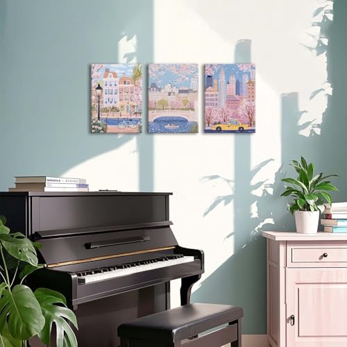 XLARTMY Watercolor City Landscape Travel Wall Art Canvas Framed Pink Cherry Flower Poster Girly Prints Painting Pictures Set of 3 for Bedroom Living Room Office 12x16in - color: Watercolor City PB, size: 12x16in Canvas