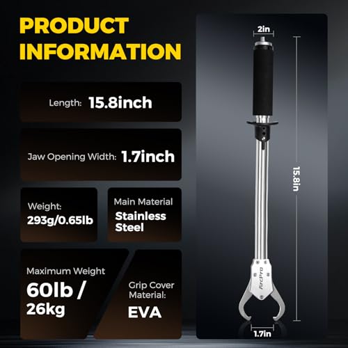2-in-1 Fish Lip Gripper, 15.8" Stainless Steel Fish Gripper with Scale, 60lb Weighing Fish Grabber, 360° Non-Slip Swivel Handle, Tool for Saltwater & Freshwater - size: 15.8"