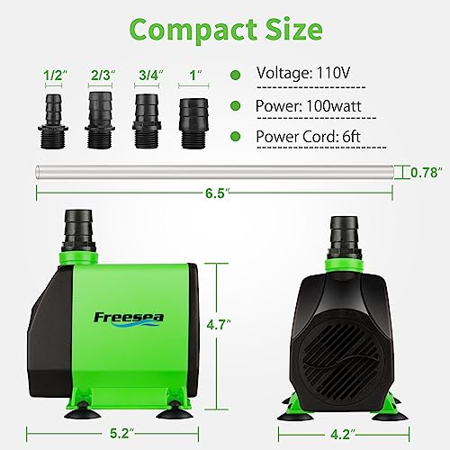 FREESEA Pond Submersible Water Pump: 1050GPH 100W Adjustable Ultra Quiet Fountain Pump with 6.5ft Tubing for Aquarium Fish Tank | Outdoor | Small Pond | Waterfall | Hydroponics - size: 100W/1050GPH
