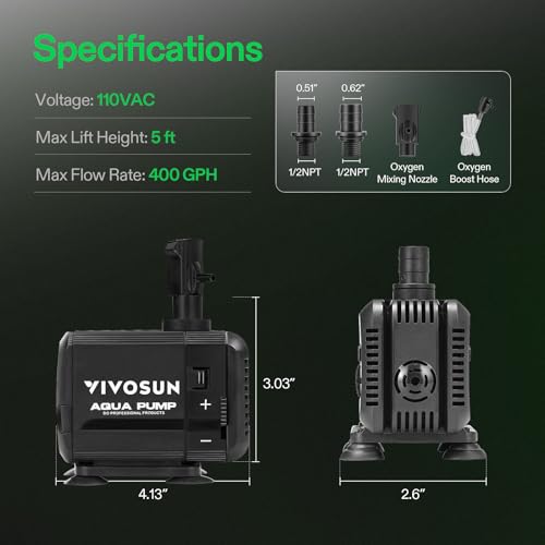 VIVOSUN 400GPH Submersible Pump(1500L/H, 15W), Ultra Quiet Water Pump with 5.2ft High Lift, Fountain Pump with 5ft Power Cord, 3 Nozzles for Fish Tank, Pond, Aquarium, Statuary, Hydroponics - size: 400GPH