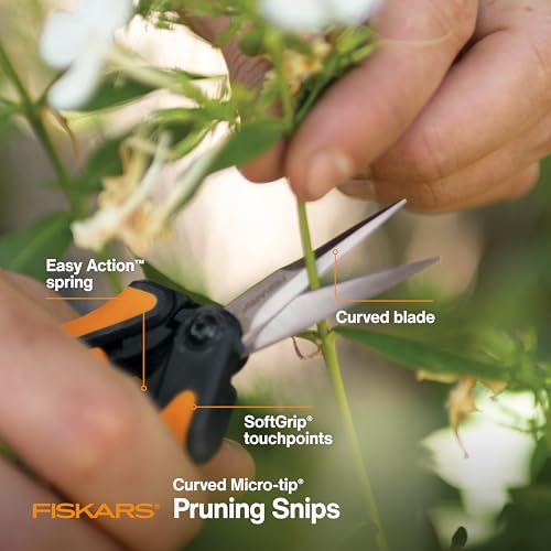Fiskars Curved Micro-Tip Pruning Snips - 6" Garden Shears with Sheath and SoftGrip Handle - Yard and Garden Tools - Orange/Black - style: Pruning Snips (Curved)