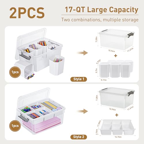 Citylife 17 QT Plastic Storage Box with Removable Tray and 6 Detachable Tall Inserts Craft Organizers and Storage Clear Storage Container for Organizing Crayon, Craft, Sewing, Playdoh, 2 Packs - size: 17 Qt- 2 Pack- W