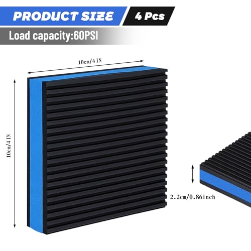4 Pack Heavy Duty Anti Vibration Pads, 4" x 4" x 7/8" Ribbed Rubber Vibration Isolation Pads with EVA Center for Compressor, Air Conditioner, Washer, Dryer, Treadmill and Power Tools