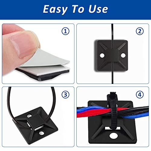 50 Set Cable Zip Tie Self Adhesive Mounts Kit with 6" Zip Ties, 3/4" Wire Holders Squares, Screws - Sticky Wire Fasteners Cable Clips Management Anchors Organizer - color: Black, size: 50 Set