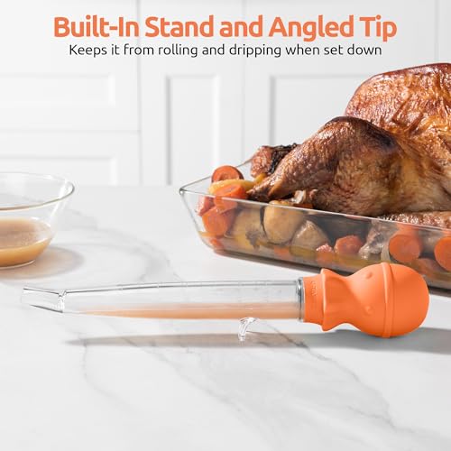 U-Taste 1.5oz Angled Turkey Baster - 228.2ºF Heat Resistant Food Grade Tritan and Silicone Large Octopus Bulb Baster Set with Cleaning Brush for Cooking Basting Meat Poultry Beef Chicken (Orange) - color: Orange