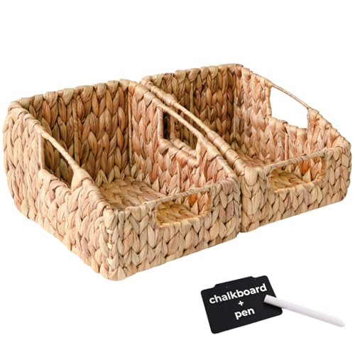 KOKODO 2-Pack Open Front Pantry Baskets, Handwoven Water Hyacinth Wicker Storage Baskets with Built-in Handles, Organizing Bins for Shelves - color: Open Front - Set 2