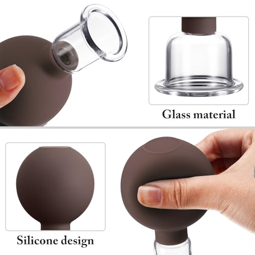 BBTO 4 Pcs Glass Facial Cupping Set Silicone Vacuum Suction Massage Cups Skin Tightening Therapy for Face Body Eyes Back Shoulder Pain(Brown) - color: Brown