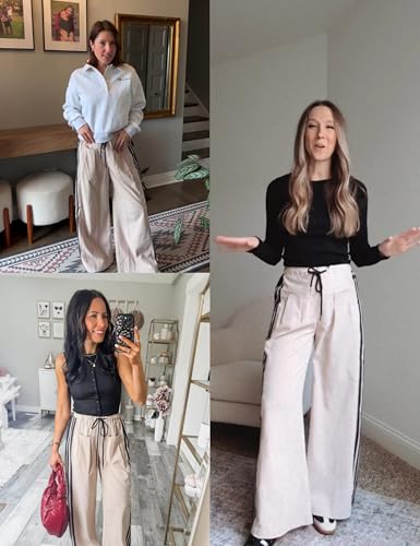 Hongsui Women's Wide Leg Pants Drawstring High Rise Side Striped Slouchy Palazzo Pants with Pockets - color: Khaki, size: XX-Large