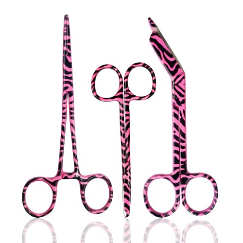 CynaMed Hemostat and Scissors Set (3-Piece) – Suture Removal Scissors, Lister Bandage Scissors, and Hemostatic Forceps (Pink Zebra Design) - style: Pink Zebra Stripes