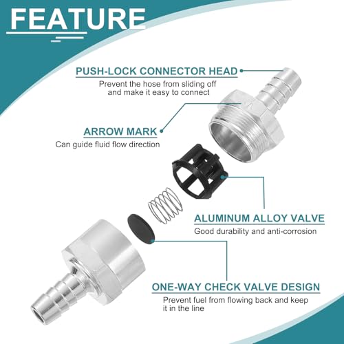uxcell 10mm (3/8") Fuel Check Valve, Non-Return One Way Check Valve, Aluminum Alloy Control Accessories for Petrol, Diesel, Gas, Oil, Air, Water, Silver