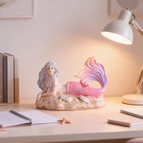Rayberro 4.33" Mermaid Figurines Resin Pink Mermaid Sculpture Mediterranean Princess Statue Ornaments Home Office Desktop Bookshelf Decor Mermaid Collectible Crafts Fish Tank Aquarium Decoration Gift - color: Pink Beach