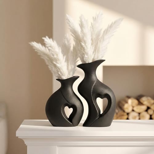 Black Heart Vase Set of 2,Modern Vases for Home Console Table Decor for Living Room Coffee Table Fireplace Bookshelf Decorations（3.5" L x 4.4" W x 8.5" H） - color: Black