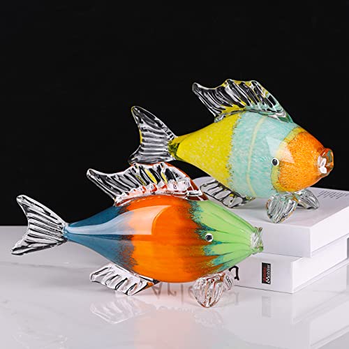 LCCCK Large Glass Fish Statue, Hand Blown Glass Sea Life Figurines, Coastal Decor for Home,Tropical Fish Ornaments Collectible Figurines, Coffee Table, Shelf, Office, Bathroom Decoration Nautical Art - color: E/2
