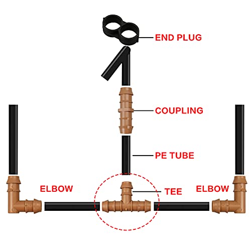 20-Pack Drip Irrigation Barbed Tee Fittings, Fits of 1/2”, 17mm .600” ID Drip Tubing - color: 20P-TEES