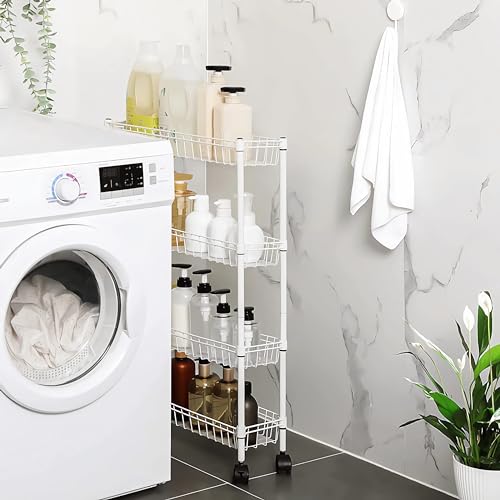 NSF white 4-layer storage rack, refrigerator crevice rack, washing machine crevice rack, laundry room dirty clothes storage, multifunctional household epoxy resin deep mesh basket - size: 4-White H basket
