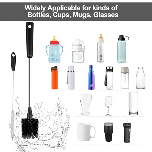 4 Pack Water Bottle Brushes with Straw Cleaner, Stainless Steel Handle Baby Bottle Brush Cleaner, Kitchen Scrub Cleaning Brushes for Cup, Wine Glasses, Coffee Mugs, Tumblers, Wine Decanters, Black - style: 2 Bottle Brushes With 2 Straw Brush