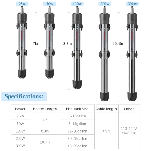 HITOP 300W Adjustable Aquarium Heater, Submersible Fish Tank Heater Thermostat with Suction Cups for 45-65Gal - size: 10.4in-300w