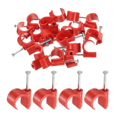 HARFINGTON 50pcs Cable Clips with Nail 16mm Circular Single Hook Half Clamp J-Hook with Nail Cord Clips for Wires on Wall for Ethernet Tacks Coax Pex Tubing Pipe Support, Red - color: Red, size: 16mm