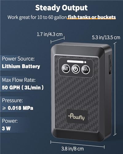Pawfly Aquarium Lithium Battery Powered Air Pump USB Rechargeable Oxygen Pump Portable Live Bait Aerator Pump for Outdoor Fishing and Fish Transportation - size: 10 to 60 Gal（3 W）