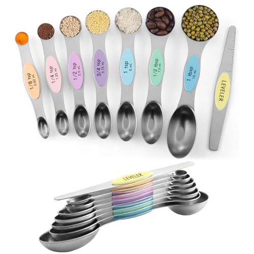 ChefAide Pack of 8 Stainless Steel Magnetic Measuring Spoons Set, Dual Sided, Stackable, Adjustable Teaspoon and Tablespoon Measure Spoon with Leveler, Kitchen Gadgets - color: Multicolor-4, size: Magnetic Measuring Spoons