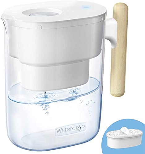 Waterdrop PT-04W Water Filter Pitcher, 10-Cup Capacity, NSF Certified, 200-Gallon Long-Life Filter, 5X Longer Filter Life, Reduces PFOA/PFOS and Chlorine, BPA-Free, Sturdy Wooden Handle, White - color: White, style: Classic Pitcher