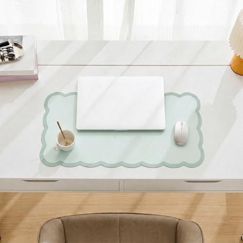 Scalloped Desk Mat, 23.6" x 11.8" Cute Small Aesthetic Desk Accessories, PU Leather Computer Laptop Desk Mouse Keyboard Pad, Desk Writing Mat for Vanity/Work/Home Decor Sage Green - color: Sage, size: 23.6" x 11.8"