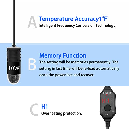 YOFOTHS Adjustable Mini Aquarium Heater 0.5/1/2/3 Gallon Submersible Small Fish Tank Heater 10W/20W/30W Digital Display Thermostat External Temperature Controller - size: USB-10W