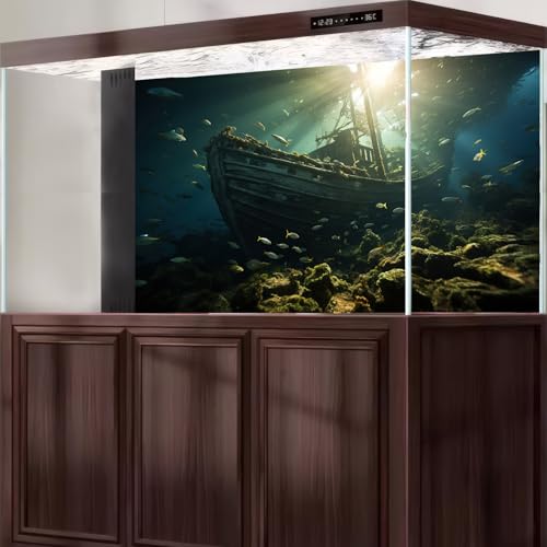 Underwater Aquarium Background Under The Sea Sunken Old Wooden Ship Ruins Fish Tank Background Seagrass Coral Reefs Sunken Ship Terrarium Backgrounds Undersea World Reptile Tank Backgrounds 24x12in - color: Dark Green, size: 24(W)x12(H)in