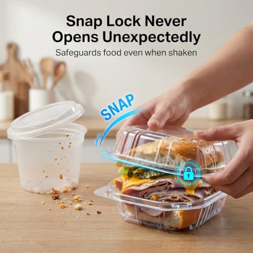Mr Miracle Clamshell Containers - Clear Disposable Plastic To-Go, Leak-Resistant and Durable for Delivery like Uber Eats, Ideal for Cakes, Salads, Small Sandwich, Personalizable (5" X 5" - 100 Count) - size: 5" X 5" - 100 Count